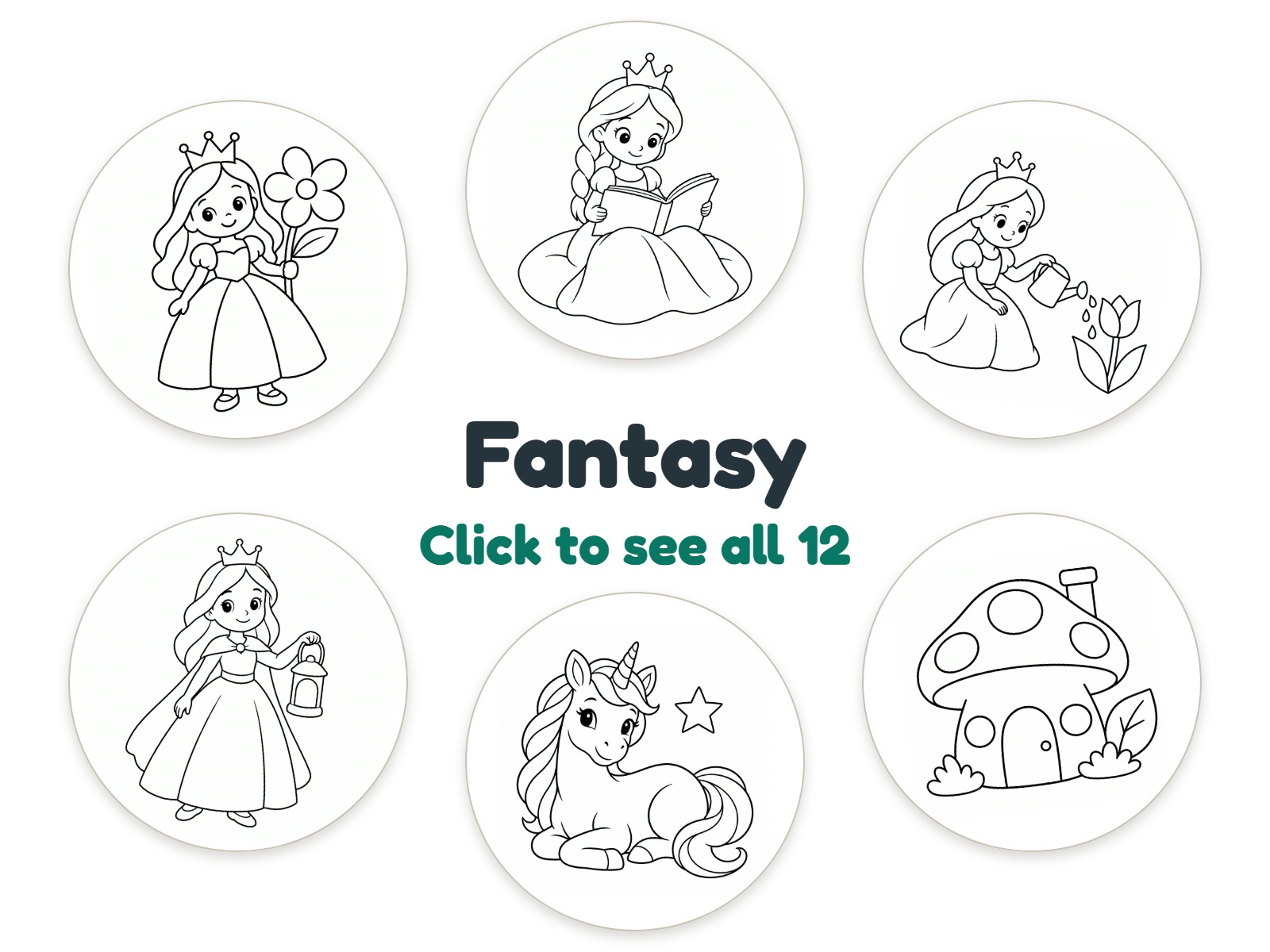 Preview of 12 Fantasy & Princesses nightlight coloring pictures
